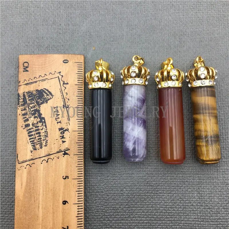 MY0625 Mix Stone Cylinder Pendant Pillar Point With Gold Color Crown Cap Paved Rhinestone And Bail (7)