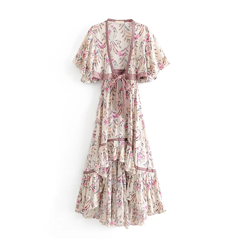 

Boho Chic Summer Vintage Floral Print Asymmetrical Dress Women New Fashion Backless With Sashes Beach Dresses Vestido Mujer