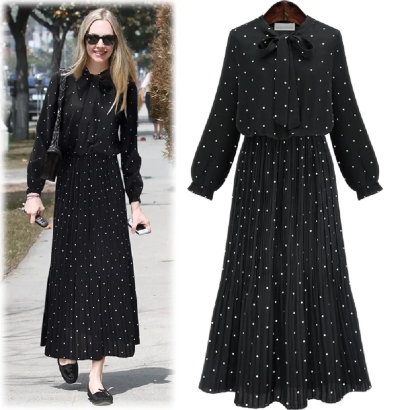 

2016 autumn and winter new European and American women yards bow pleated skirt printed long-sleeved chiffon dress Point Long Sle