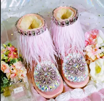 

Autumn and winter handmade rhinestone gem tassel feather flat bottom thick bottom increased leather ladies tube snow boots
