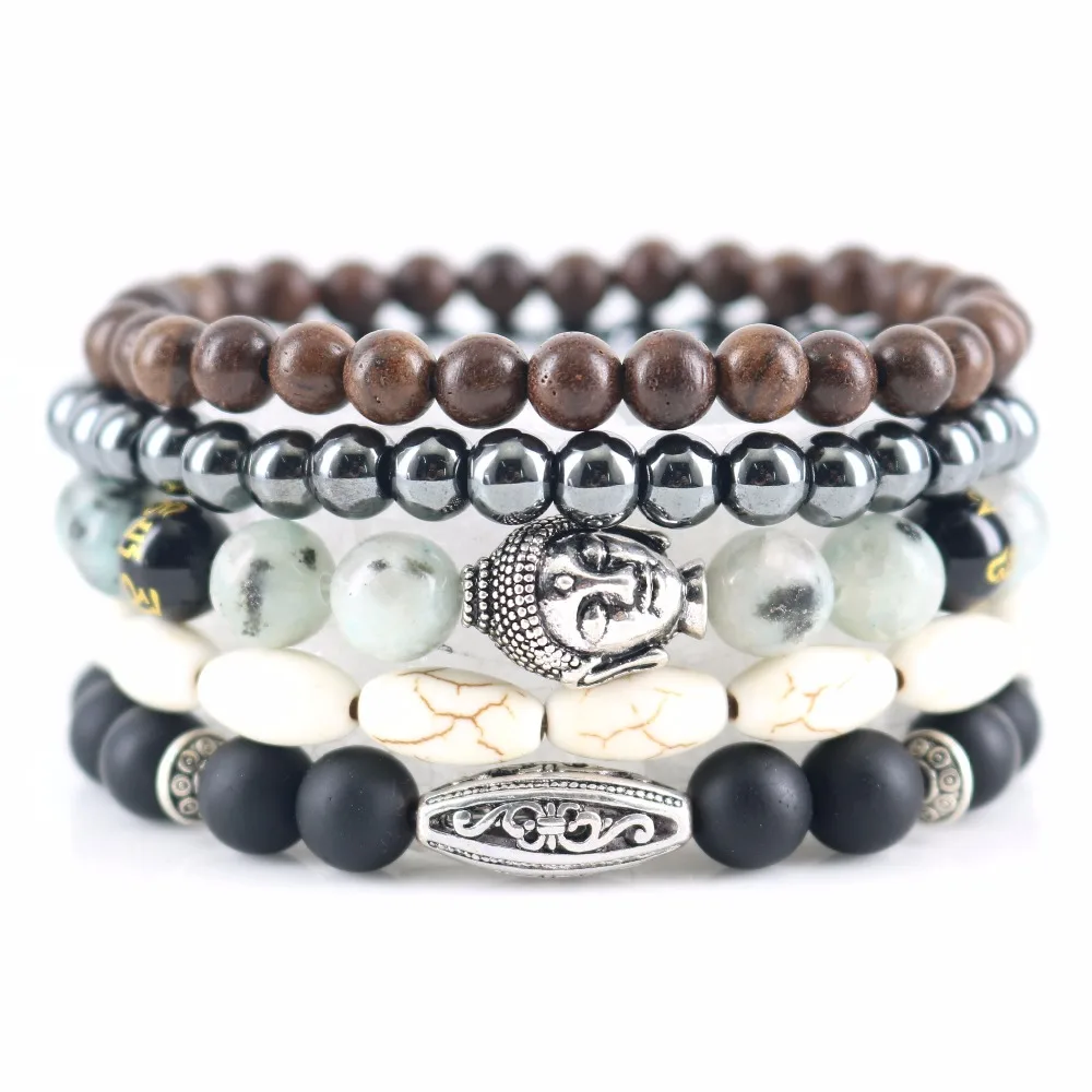 

Beasivor Light Blue Stones Hematite Matte Onyx Buddha Bracelets Wooden Beaded Wrap Bracelets & Bangles Multi 4 layers