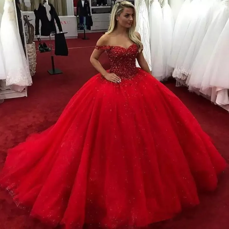 Роскошное красное свадебное платье es Топ расшитый бисером тюль блестящее свадебное платье принцессы на заказ пухлый официальный вечерние платья Robe De Mariee