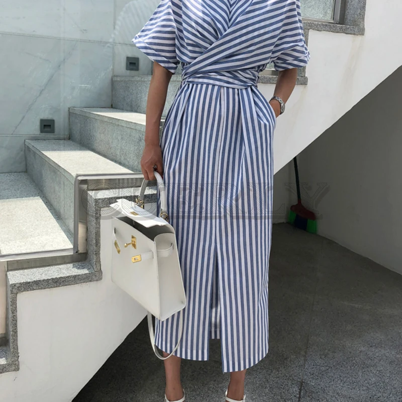 

Korean Women Summer Cotton Blue Striped Bandage Split Long Dress Female Long Bodycon Plus Size CUERLY Robe Femme Ete Sukienki