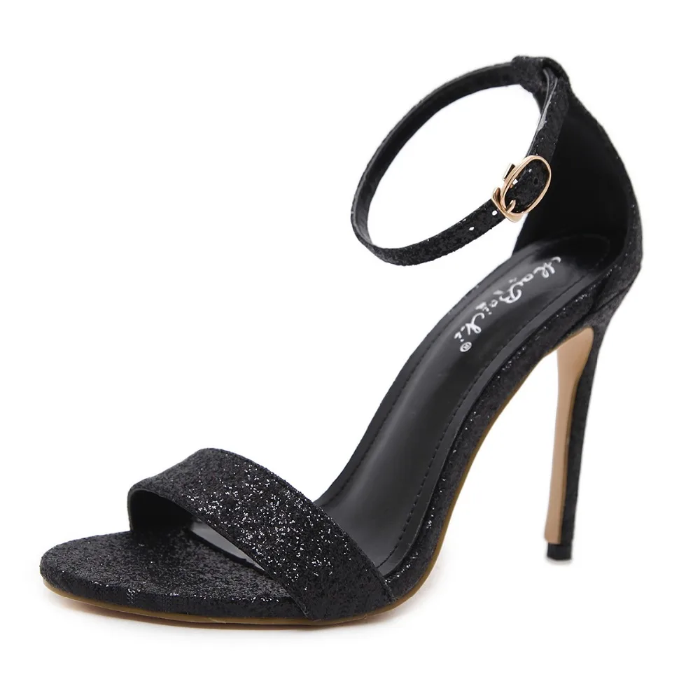 

MoBeiQi Summer Style women's high heels ladies Concise Buckle Strap shoes woman Fashion sandals Glitter Black US5-9