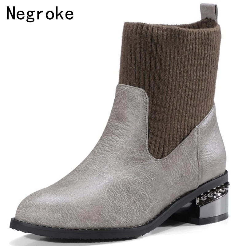 

2018 New Designer Ankle Boots Women Low Chunky Heels Martin Shoes Woman Chelsea Boots High Quality Elasticity Sock Botines Mujer