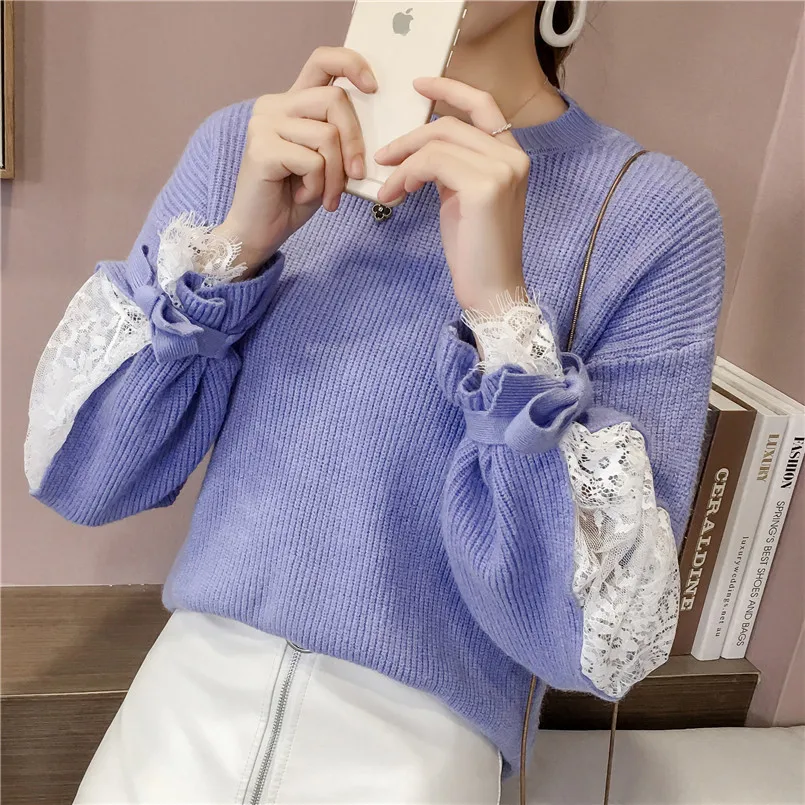 2020 Spring New Arrival Sweet Core-spun Yarn Knitted Pullover With Butterfly Knot Lace Stitching Lantern Sleeve Free Shipping | Женская