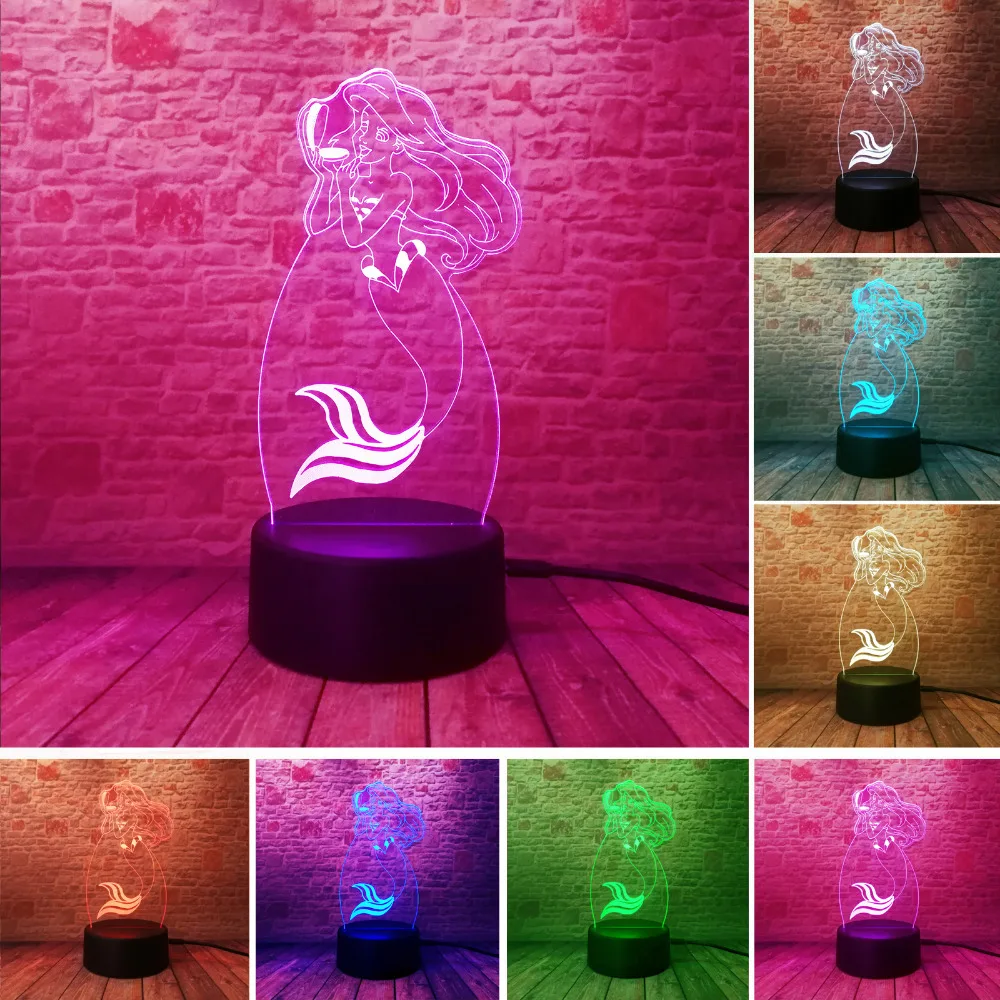 Fairy Tale Mermaid Princess 7 Color Changing Night Light LED Baby 3D