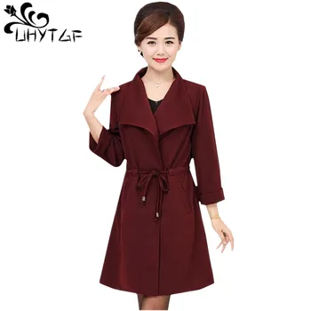

UHYTGF XL-4XL Plus size Autumn Long Trench Coat for Women Cardigan Top Coat Women belt Loose Windbreaker outerwear for women 730