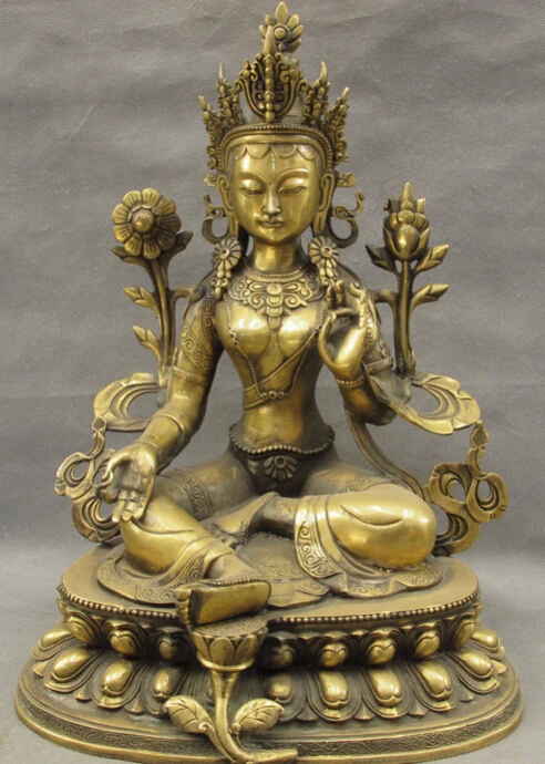 

S2933 19" Tibet Bronze Buddhism Temple Lotus Green Tara Buddha Goddess Seat Statue D0318