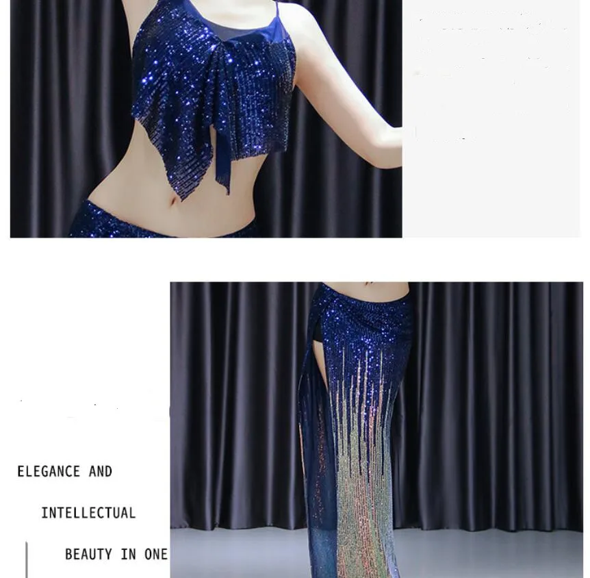 Корейский дизайн сексуальный костюм для восточных танцев 2 шт женский танец живота шоу наряд блестки на платье длинная юбка Золотой