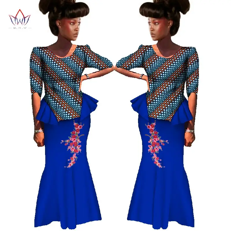 Лето 2018 2 шт. комплект с юбкой для Для женщин Мода Африканский принт воск Макси Размеры топ + юбка Femal традиционные африканские Костюмы WY360