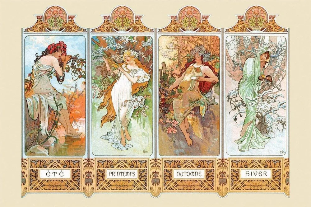 

Home Decor The Four Seasons by Alphonse Mucha --Silk Art Poster Wall Sticker Decoration Gift