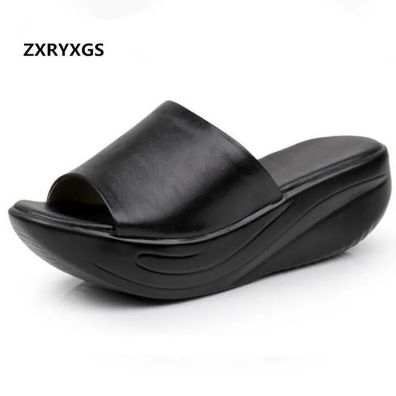 

Soft Cowhide wedges sandals slippers 2019 new Summer leather shoes woman sandals soles shook women shoes summer sandals