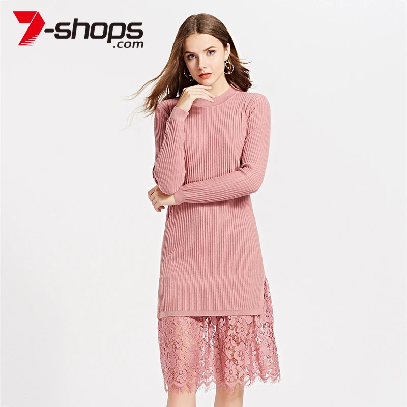 

AECU Winter Lace Dress Women Sweater Dresses Long Sleeve Knitted Dress Elegant Lace Patchwork Dresses Long Pullovers