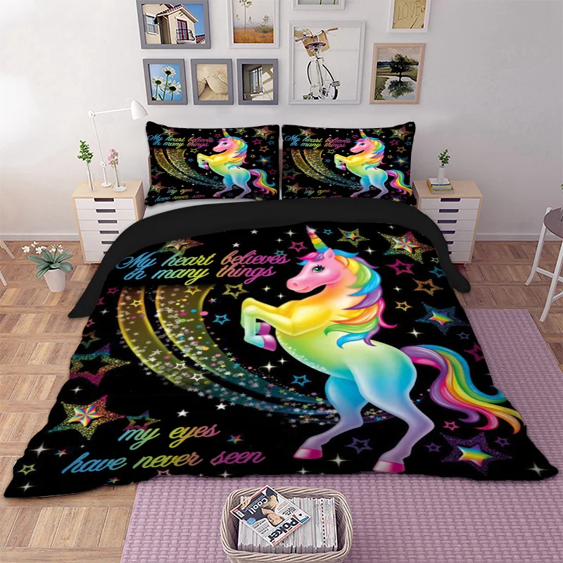 

Dropshipping Duvet Cover Rainbow Unicorn Fairytale with Sparkling Stars 3D Digital Printing Bedding Sets Black Background