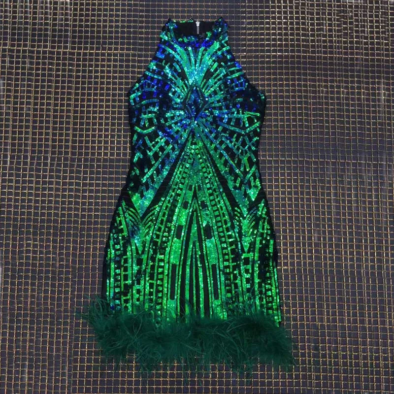 Новинка, женское сексуальное мини-платье с зелеными пайетками и перьями в сеточку для ночного клуба(H2821