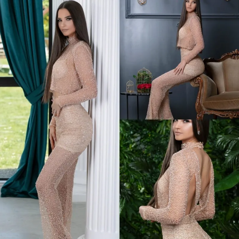 

High Neck Sexy Prom Dresses 2019 Long Sleeve Sequined See Through Pant Suits Backless Bling Bling Evening Gowns