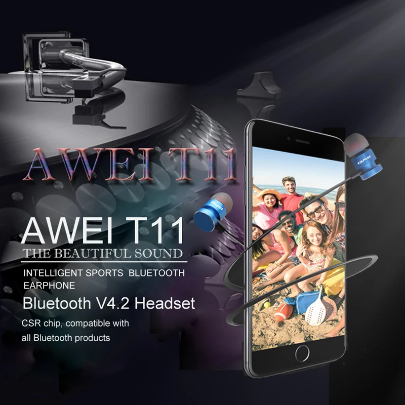 AWEI T11 Bluetooth Earphone Wireless Headphones For Phone Cordless Headset With Magnetic Earpiece Earbuds Auriculares Casque