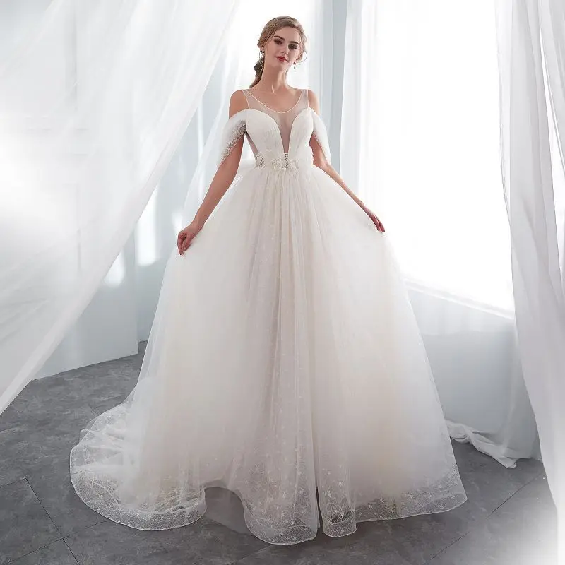 

Sexy V-neck wedding dress leather beading pearls bridal dress long train robe de soiree graceful Bride dress Gown Drop