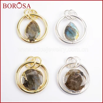 

BOROSA Gold/Silver Color Natural Labradorite Stone Pendant,High Quality Round Drop Stone Druzy Drusy Pendants Necklaces WX739