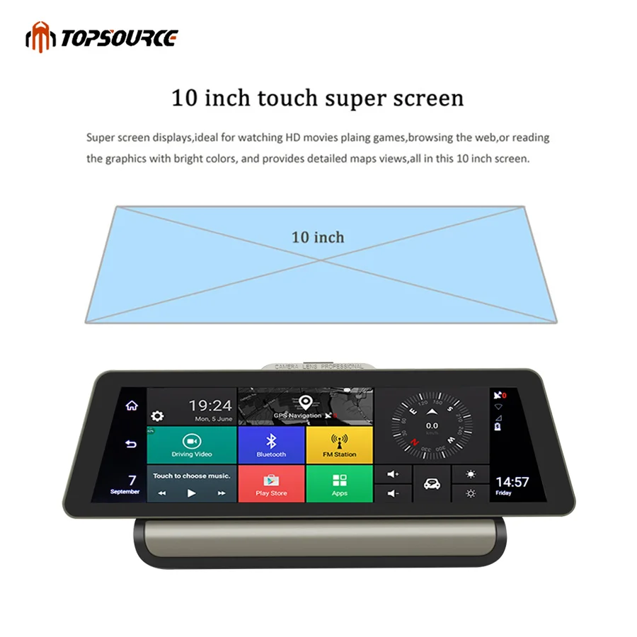 TOPSOURCE 10 Inch 3G / 4G Android Car DVR 1080P Video Camera GPS Navigation ADAS Full HD Camcorder Bluetooth WiFi Dual lens