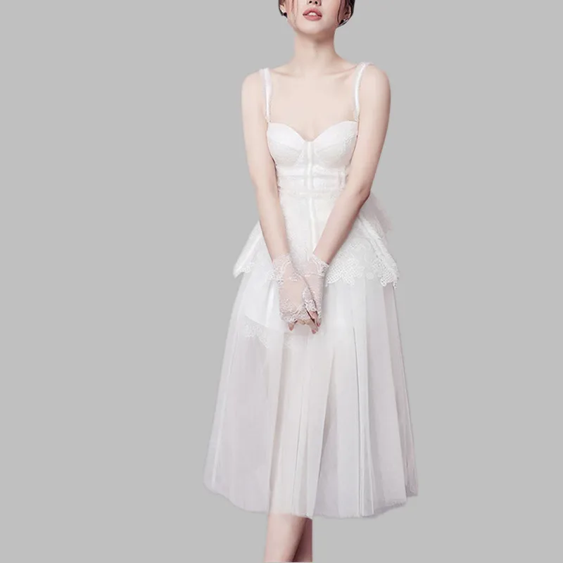 

HAMALIEL Fashion Sexy Ball Gown Women Dress Summer Runway Mesh Patchwork Lace Ruffles Party Dress Chic Halter Strapless Dress