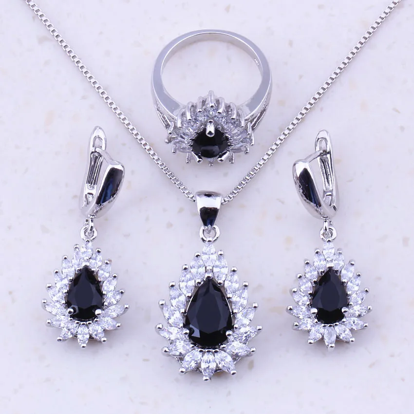

Graceful Black Created Crystal & White Zircon 925 Sterling Silver Jewelry Sets For Women Trendy Jewelry Free Gift Box J0077