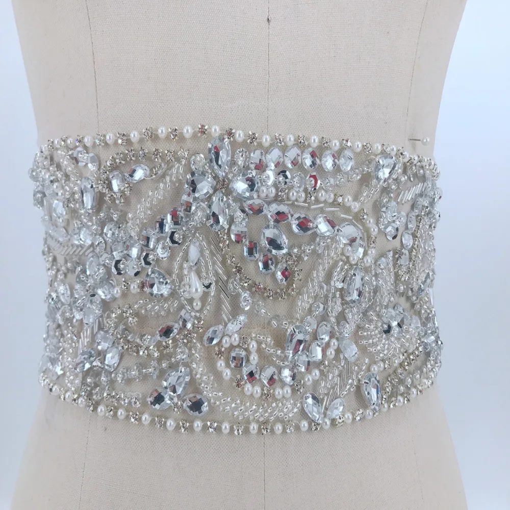 Sew on silver rhinestones applique handmade crystals patches 80*11cm