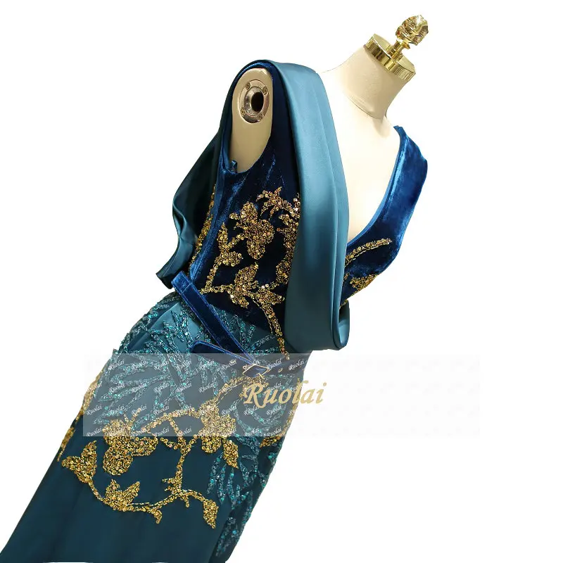 Elegant Beading Sequined Peacock Blue Velvet Satin Women Evening Dress Long 2019 Arabic Dubai Evening Gown Party Dress
