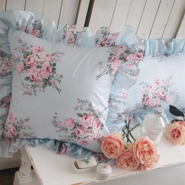 Buy Blue Floral print cushion cover elegant ruffle