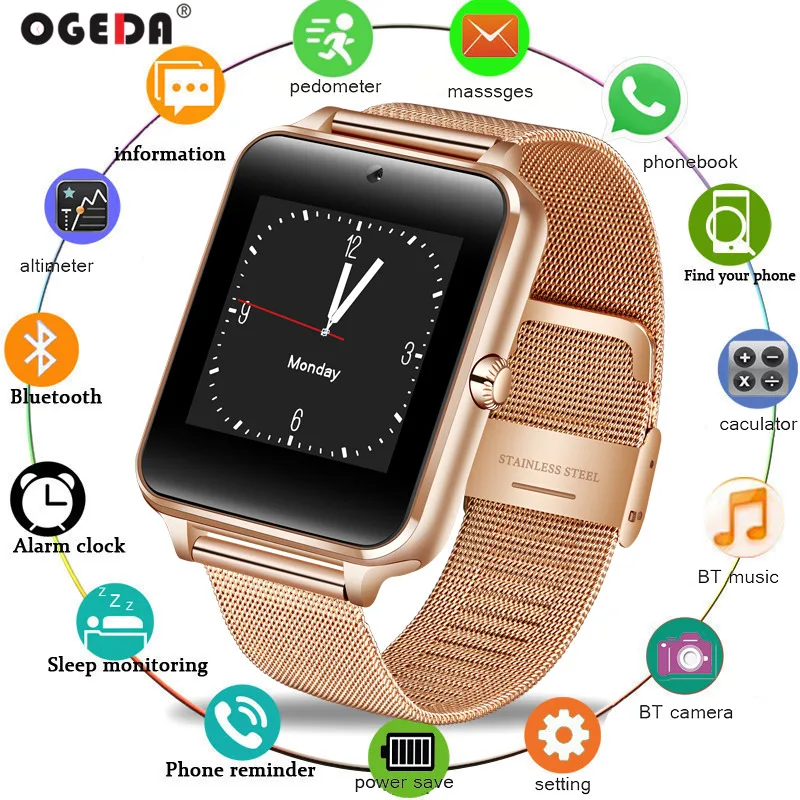 OGEDA 2019 GT08 умные часы для мужчин и женщин Blutooth Camera Stainleess сталь секундомер