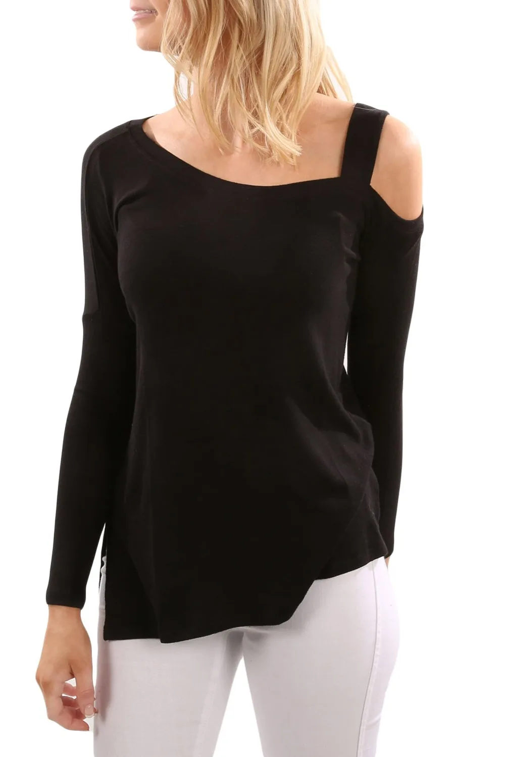 Black-One-Shoulder-Long-Sleeve-Top-with-Slit-LC250286-2-1