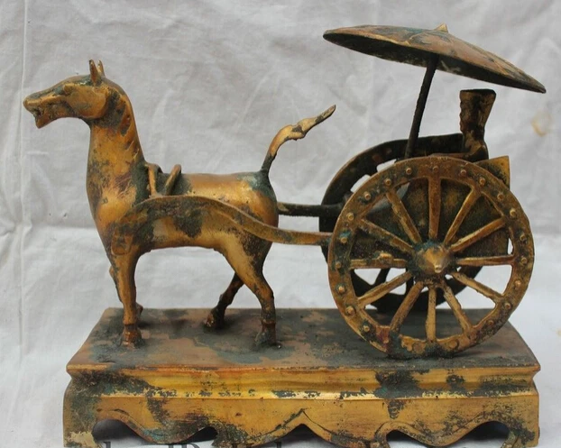 

huij 008655 14" China Chinese Fengshui Bronze Zodiac Year Horse Pull vehicle Statue