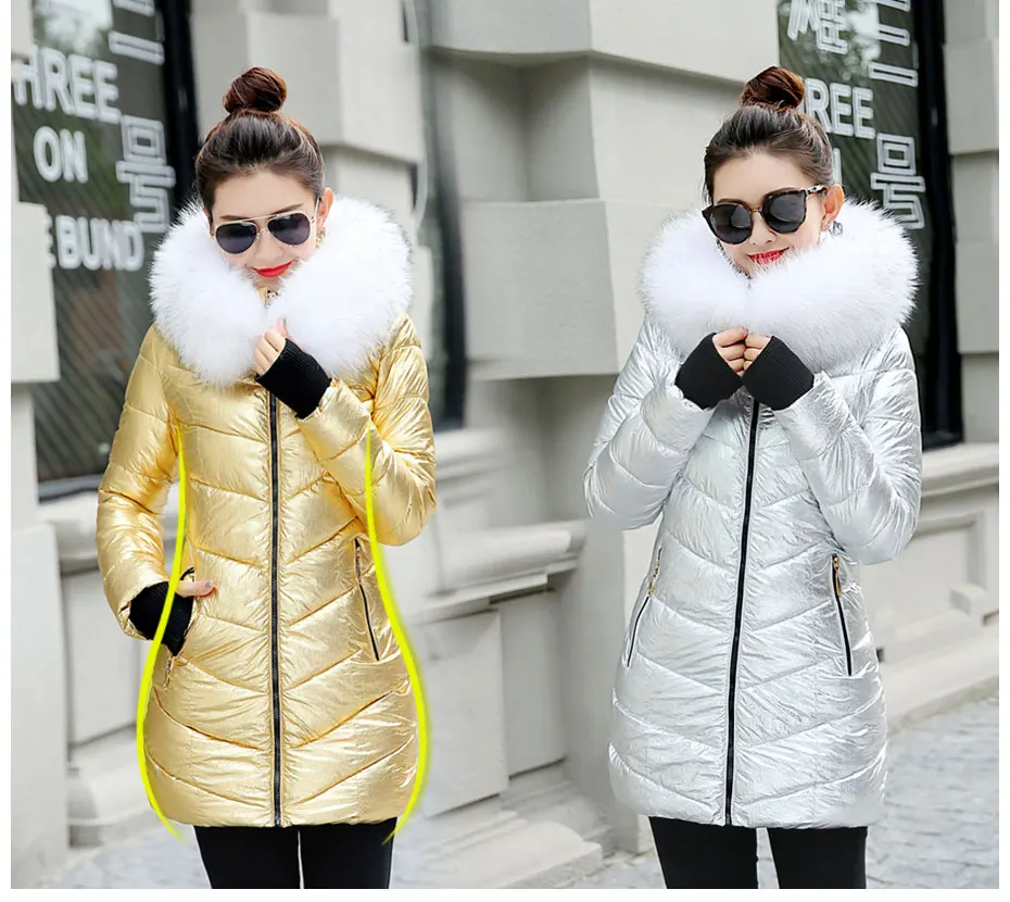 Зимняя куртка женская серебряного блестящего размера плюс S-3XL зимняя куртка пальто модные перчатки Шунь цвет большой меховой воротник парка