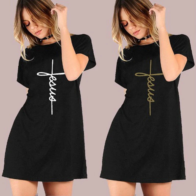 

T Shirt Dress Vestidos Jesus Cross Short Sleeve Robe Sexy Dresses Black Casual Clothes Women Dress