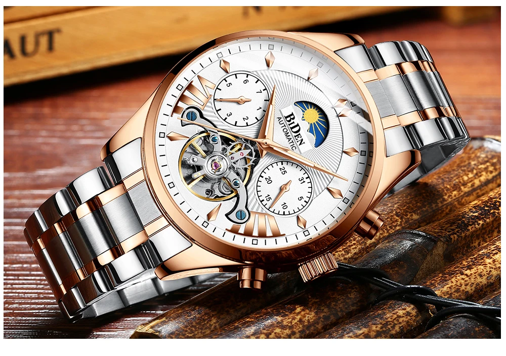 Мужские автоматические механические часы бренд biden из нержавеющей стали мужские водонепроницаемые часы, календарь золотые деловые мужские наручные часы