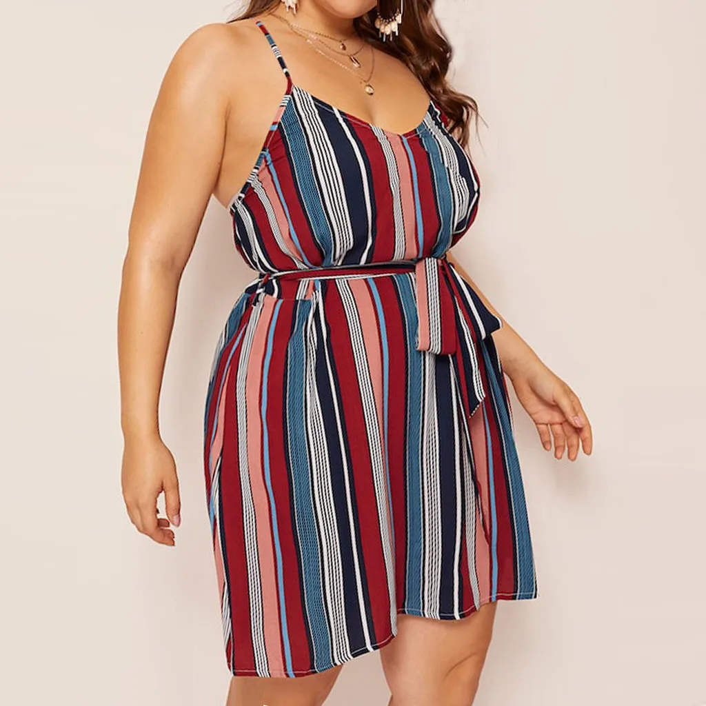 summer dress plus size dresses for women 4xl 5xl Fashion Women Plus Size Stripe Print Camis V-Neck Sleeveless Bandage Dress