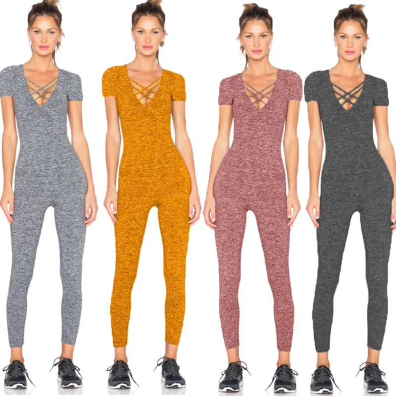 

2019 Women Slim Yoga Set Bandage Jumpsuit Colorful One Piece Workout Sports Yoga Suit workout clothes women gym outfits sets