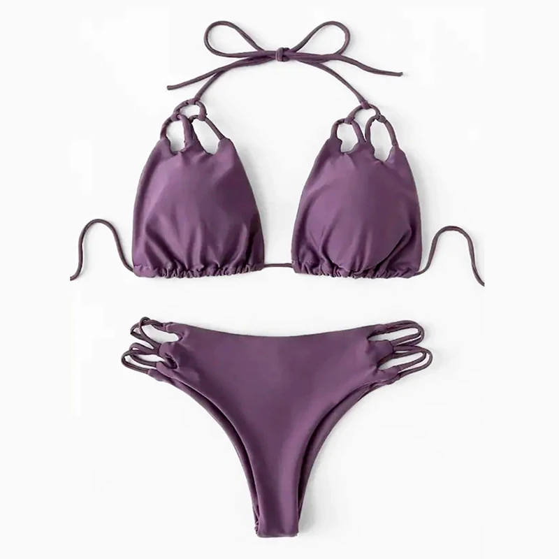 

2019 Multi Bandage Bikini Solid Halter Push Up With Padded Brazillian Thong Women Swimwear Lace Up Emerald Green Bathing Suit