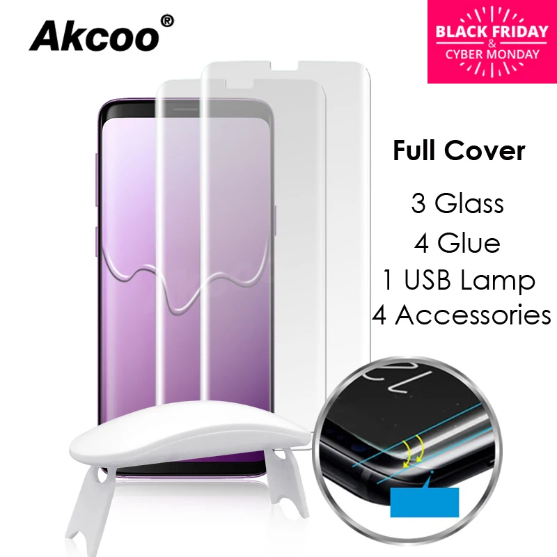 Akcoo Note 9 liquid full glue glass protector with USB UV lamp for Samsung Galaxy S8 S9 Plus note 8 full cover S8 clear glass