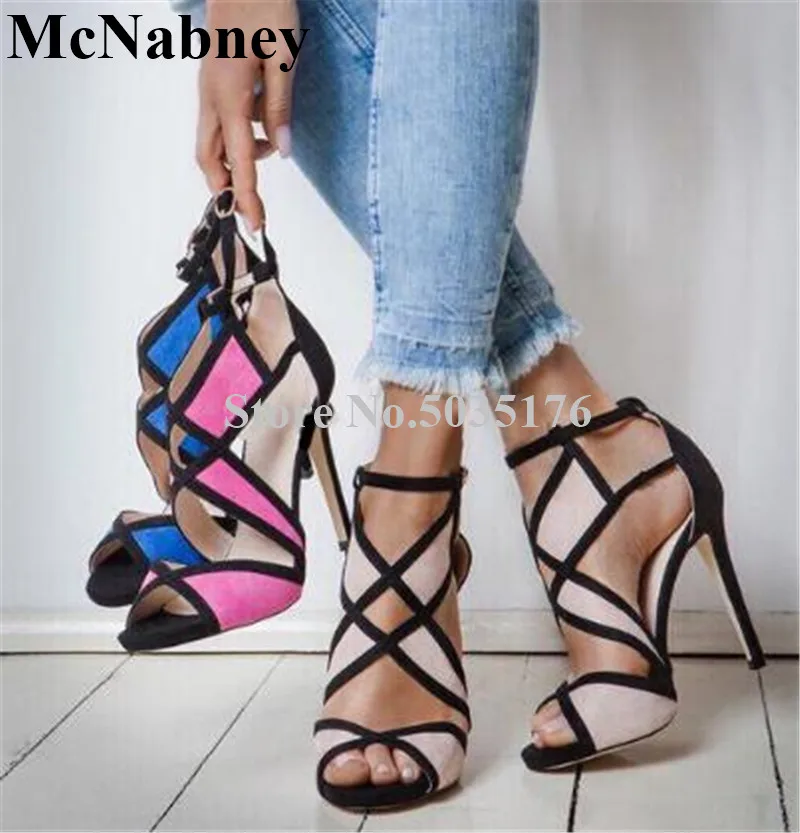 

2019 European Fashion Flock Block Peep Toe Sandals Ankle Strap Buckle High Stiletto Heel Sandals Cover Heel Dress Women Shoes