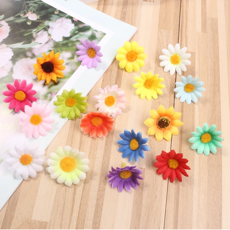 

100ps Small Silk Sunflower Handmake Artificial Flower Head Wedding Decoration DIY Wreath Gift Box Scrapbooking Craft Fake Flower