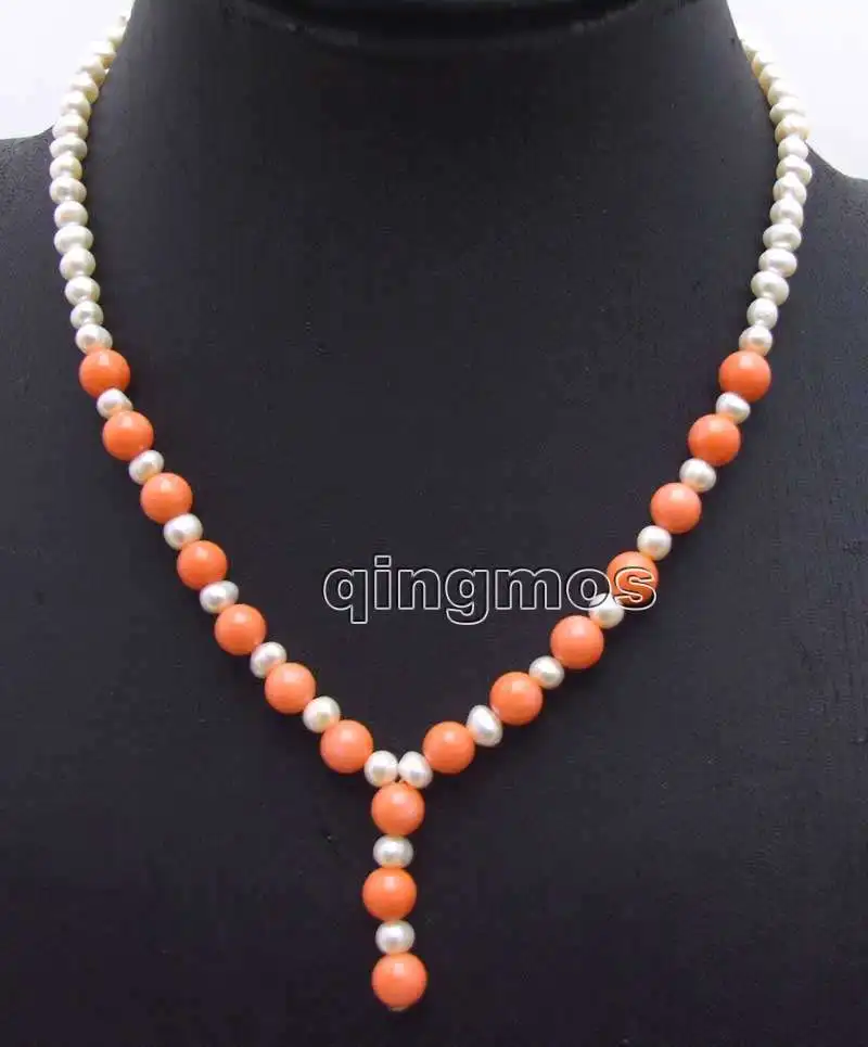 

SALE 6-7mm White Natural freshwater Pearl & 6-7mm Round Pink coral pendant 17'' Necklace -nec5997 wholesale/retail Free shipping