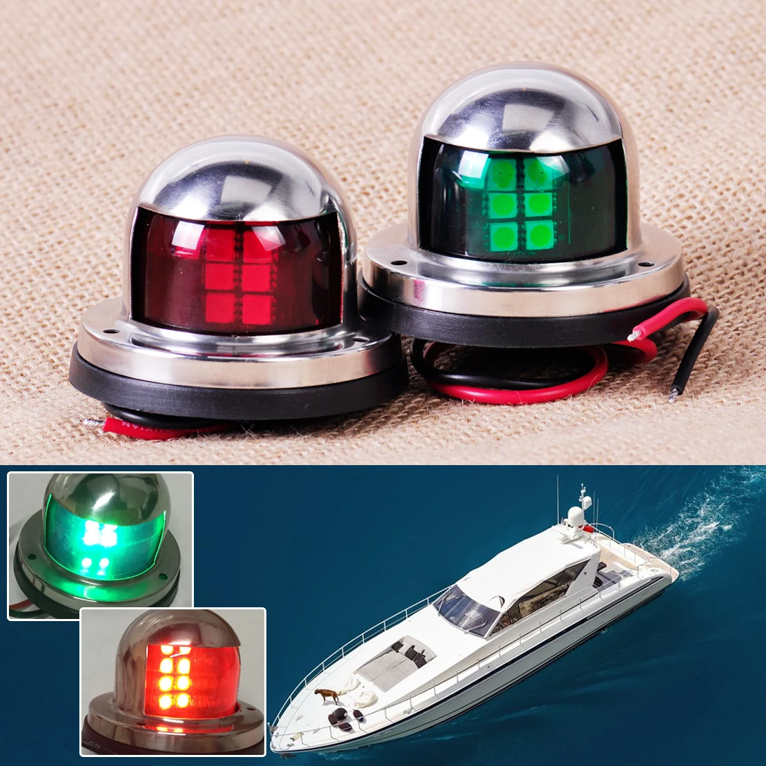 1 Pair Stainless Steel 12V LED Bow Navigation Light Red 