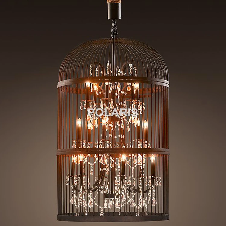 Vintage Rustic Birdcage Crystal Chandelier Lighting Black Bird Cage Pendant Hanging Light Chandeliers Lamp for Dining Room