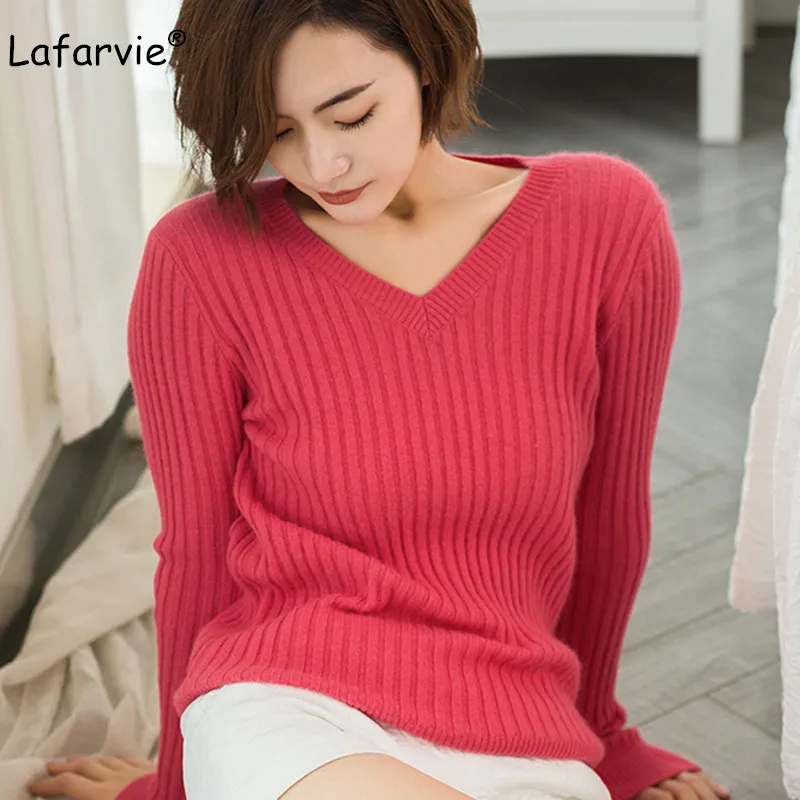 

Lafarvie Slim Cashmere Blended Knitted Sweater Women Autumn V-neck Full Sleeve Pullover Female Soft Comfortable Knitting Sweater