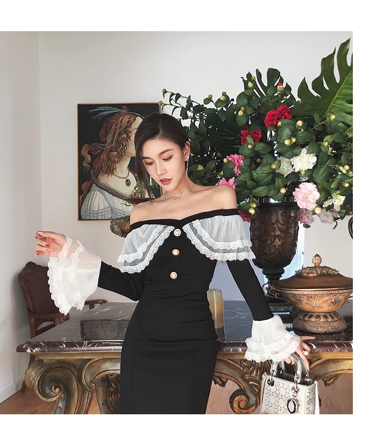 Dress Women Black Party Long Ruffles Lace Sleeve Slash Neck Sexy Dress Elegant Club Dress Women Fashion Vestidos Verano CC024