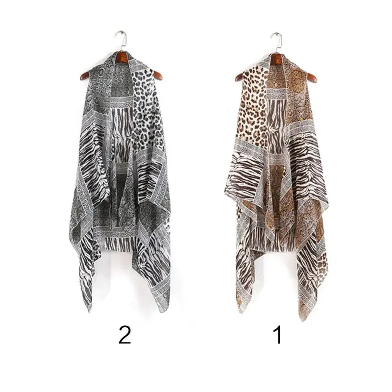 

Womens Chiffon Vest Style Shawl Scarf Ethnic Leopard Zebra-Stripes Snakeskin Patchwork Printing Wrap Skirt Cardigan Asymmetric S