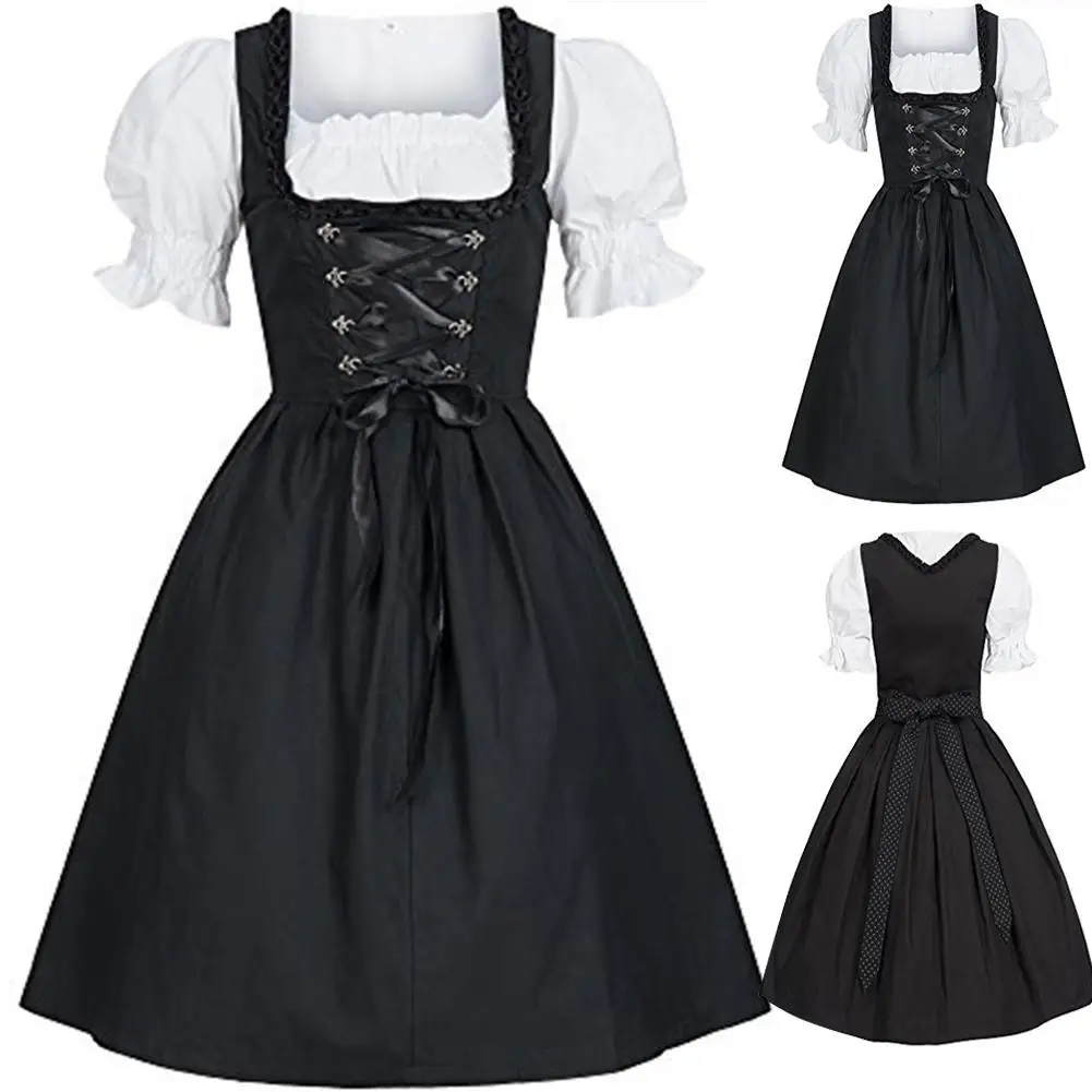 MISSKY Women Oktoberfest Renaissance Style Drawstring White Black Color High Waist Slim Bowknot Dress Costume