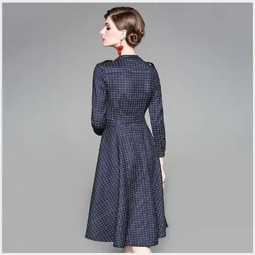 Femme A Manteaux Longues Nouveau Casual Mode Fit Femmes O Blue Manches Automne Navy Plaid 2018 Longue Section cou Slim ligne Robe 4OwvqP8
